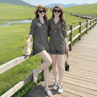 Bộ nữ Thanh Xuân, Bộ nữ áo sơ mi dài tay, quần short lưng thun phía sau, chất đũi xước Nhật cao cấp, lên dáng, tôn da
