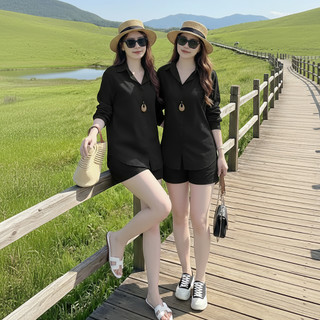 Bộ nữ Thanh Xuân, Bộ nữ áo sơ mi dài tay, quần short lưng thun phía sau, chất đũi xước Nhật cao cấp, lên dáng, tôn da
