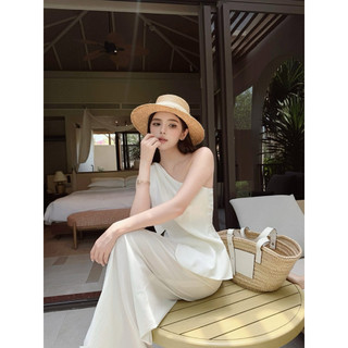 Set Áo Lệch Tà Vai Mix Quần Suông Be Trắng Chouchou Hothit