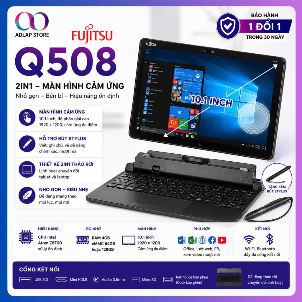 Máy tính bảng Window kiêm laptop  Fujitsu Q509 506 Q507 508 5010 5011 Ram4GB 128GB có bút vẽ stylus