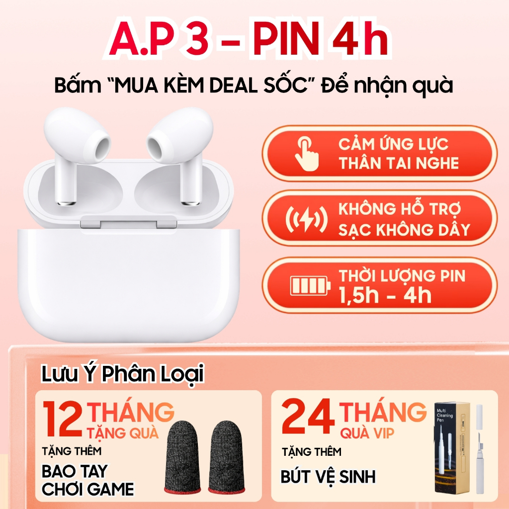 Tai Nghe Bluetooth A.P4, Không Dây, Pin 8H, Cảm Biến Tự Động, Âm Thanh Hay Cảm Ứng Mượt Tặng Quà