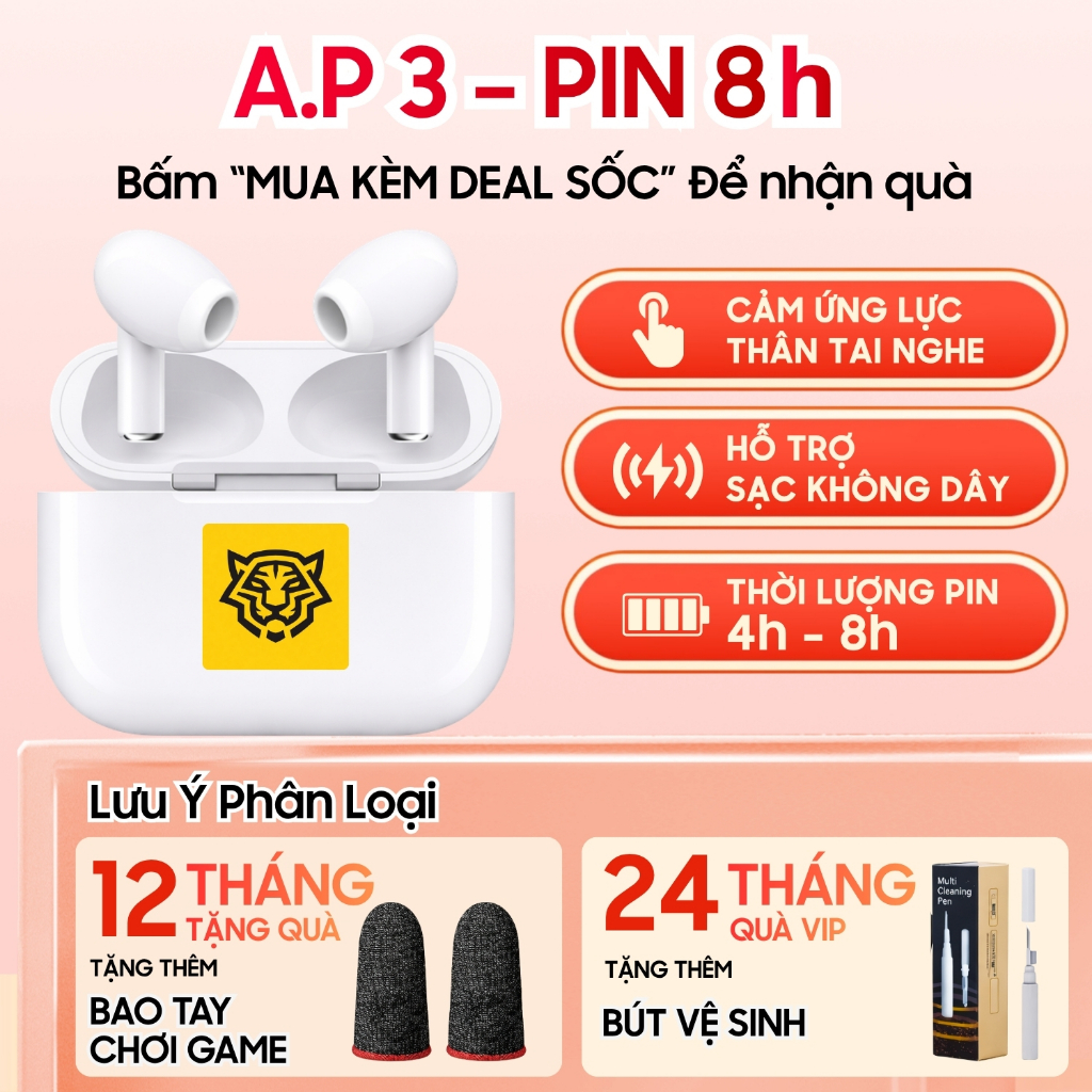 Tai Nghe Bluetooth A.P4, Không Dây, Pin 8H, Cảm Biến Tự Động, Âm Thanh Hay Cảm Ứng Mượt Tặng Quà