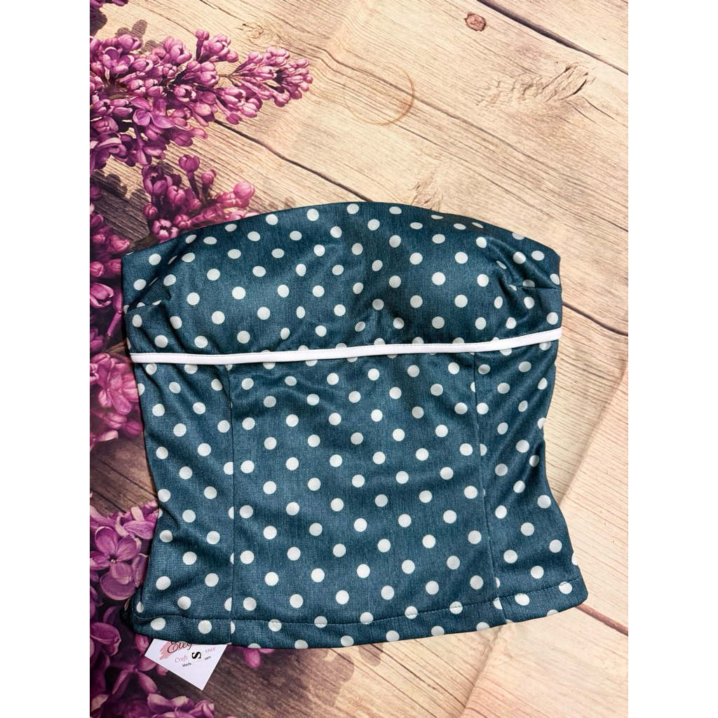 Áo Chấm Bi Xanh Viền Chân Ngực Kéo Khoá Sau, Có Mút Ngực, Áo Corset Cúp Ngực Dáng Dài TingTing 88