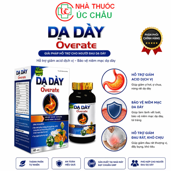 Viên uống Dạ Dày Overate - Giảm Acid, Bảo Vệ Niêm Mạc, Hỗ Trợ Giảm Viêm Loét Hiệu Quả, Hộp 40 viên