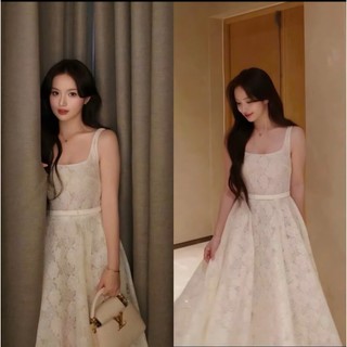 Váy ren thiết kế 2 cổ vuông phối nơ xinh dự tiệc nhẹ nhàng cao cấp