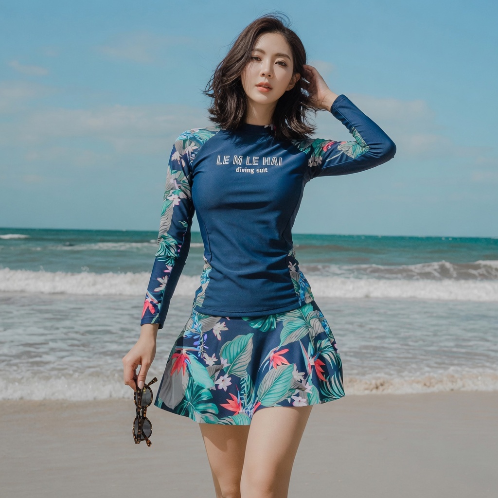 Bikini đồ bơi 2 mảnh kín đáo phối màu cực hot trend áo tay dài, chân váy quần đùi 2 lớp năng động size tới 65kg