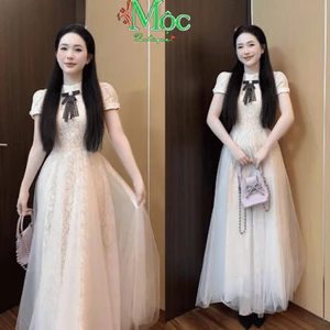 Đầm váy dài, Đầm Ren hoa nổi 2 lớp đính nơ tay búp dáng dài phối Lưới cho nàng đi chơi, hẹn hò