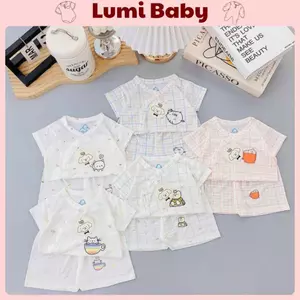 Đồ Sơ Sinh Bé Trai Bé Gái Bộ Cộc Tay Cúc Bấm Họa Tiết Caro Dễ Thương Cotton Mềm Mát Thoáng Khí 0-9 Tháng