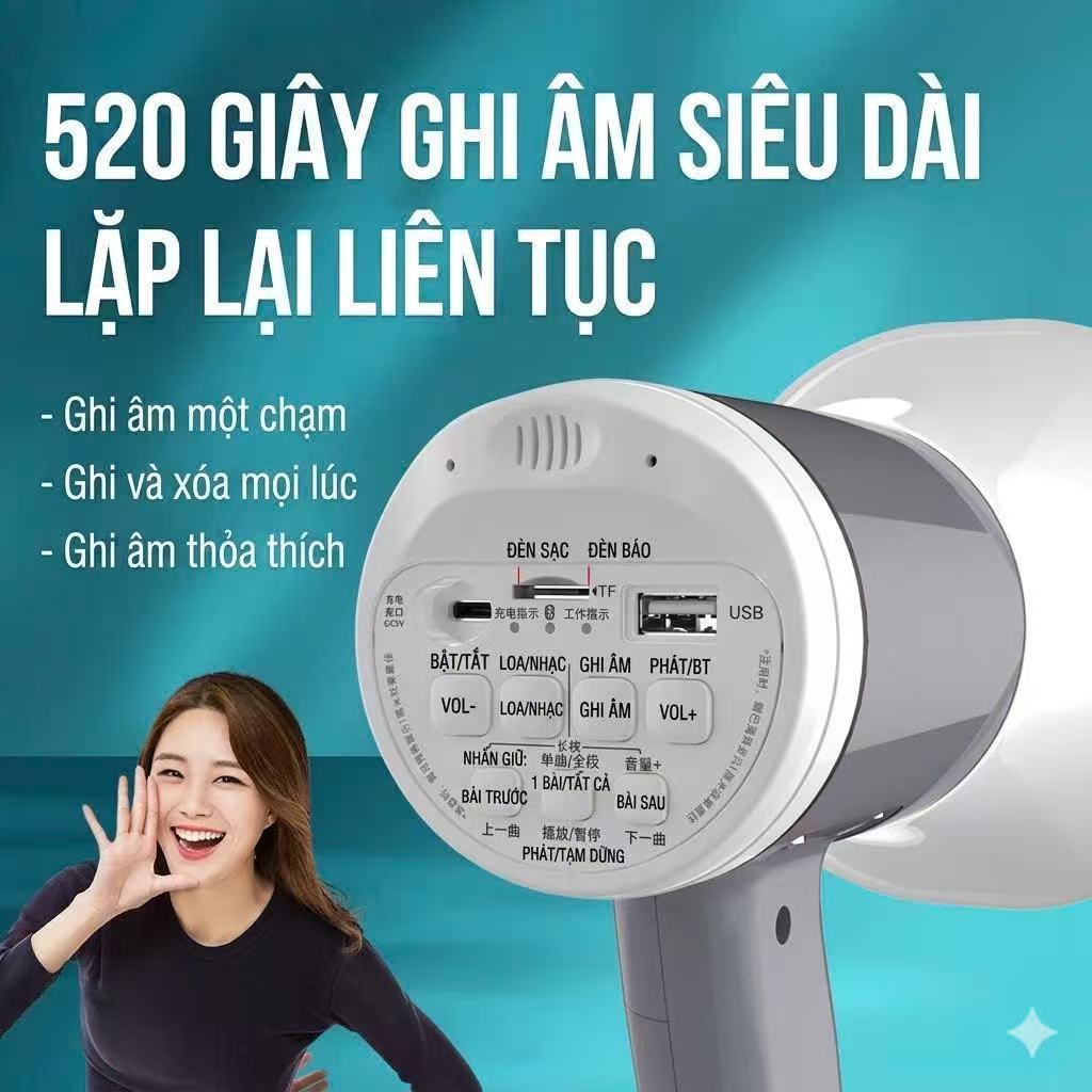 Loa Phóng Thanh 518BT Bluetooth Ghi Âm, Phát Lại Có Cổng Usb Thẻ Nhớ(1pin)/ (2 pin)