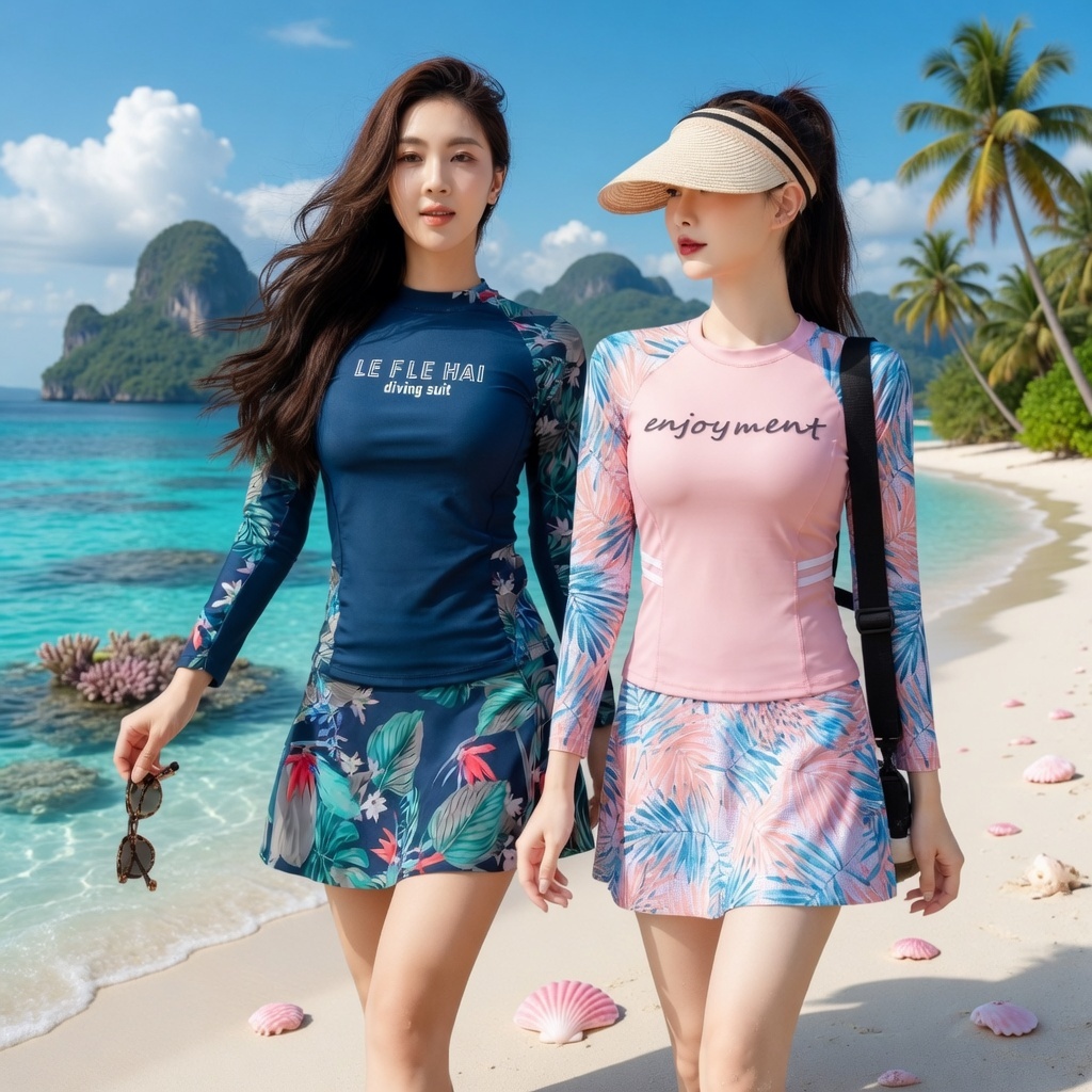 Bikini đồ bơi 2 mảnh kín đáo phối màu cực hot trend áo tay dài, chân váy quần đùi 2 lớp năng động size tới 65kg