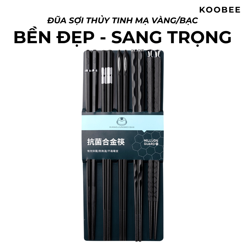 Set 5 Đôi Đũa Sợi Thủy Tinh Hợp Kim Màu Đen Mạ Vàng Bạc – Chống Mốc, Chống Trơn Trượt, Chịu Nhiệt Cao Cấp (BA17)