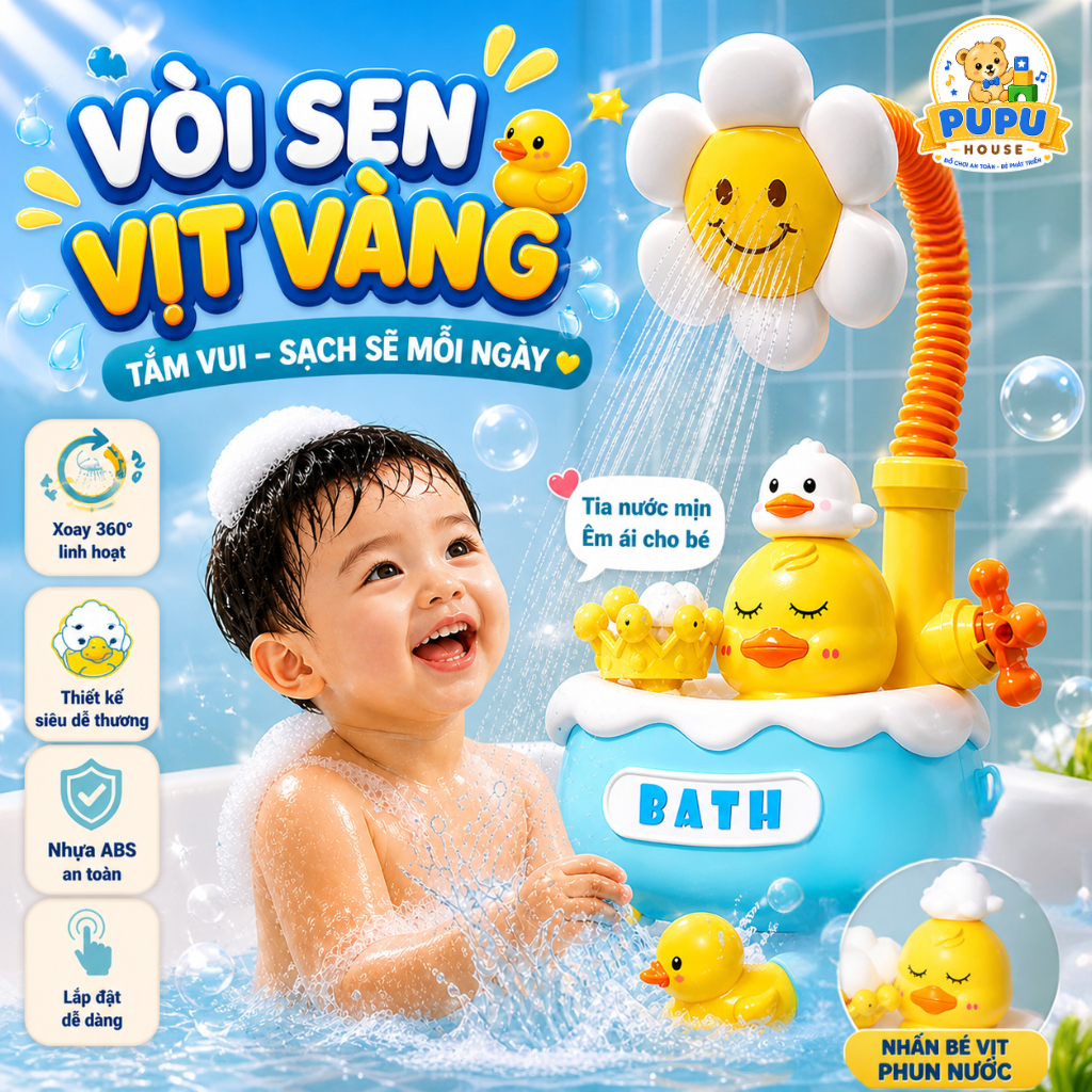 Đồ Chơi Nhà Tắm Vòi Sen Vịt Vàng Hoa Hướng Dương Phun Nước Dễ Thương Kèm Vòi Sen Nhà Tắm Phòng Tắm - Đồ Chơi PUPU HOUSE
