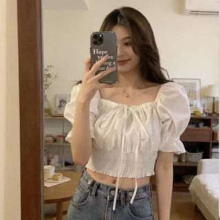 Áo croptop nữ bo chun eo tay bồng cổ vuông xinh chất voan mềm xanh đen VANISA CT065