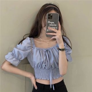Áo croptop nữ bo chun eo tay bồng cổ vuông xinh chất voan mềm xanh đen VANISA CT065