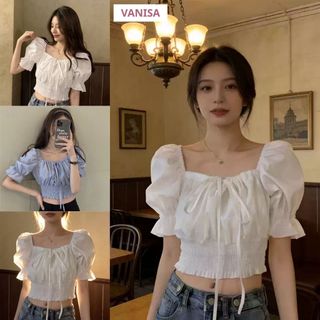 Áo croptop nữ bo chun eo tay bồng cổ vuông xinh chất voan mềm xanh đen VANISA CT065