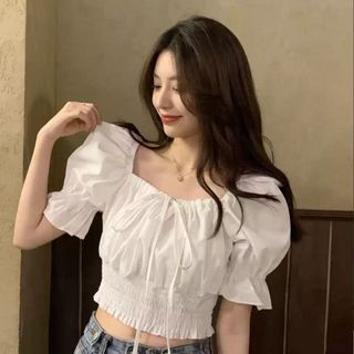 Áo croptop nữ bo chun eo tay bồng cổ vuông xinh chất voan mềm xanh đen VANISA CT065