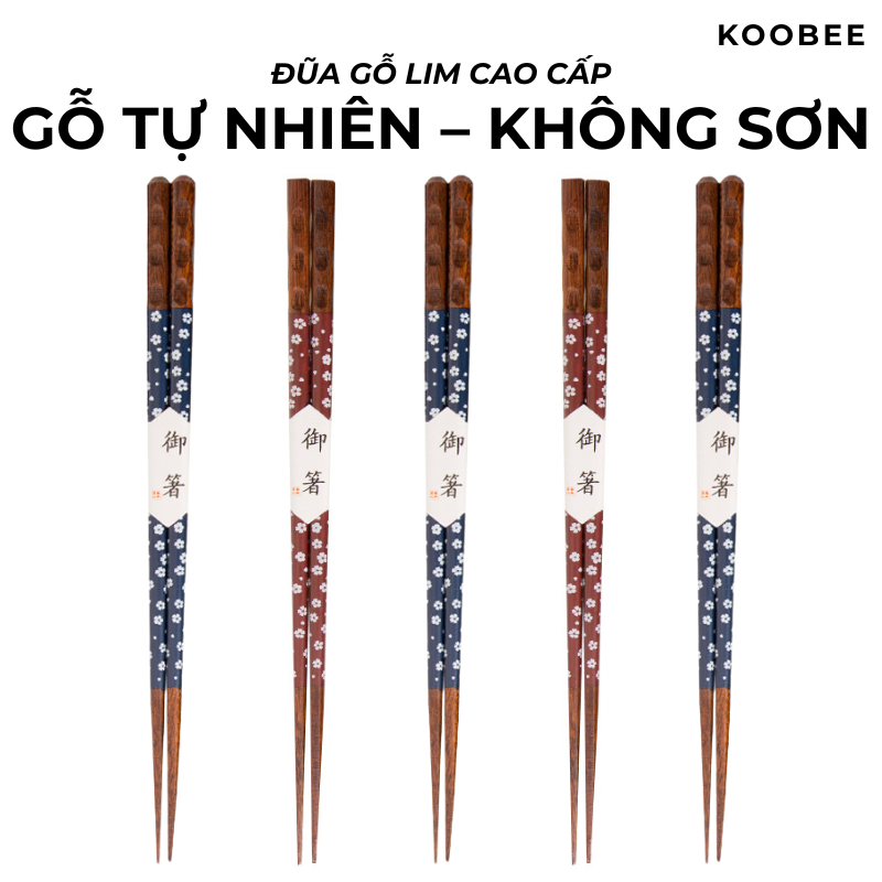 Bộ 5 Đôi Đũa Gỗ Mai Rùa Kiểu Nhật KOOBEE – Đầu Nhọn Chống Trượt, Chống Mốc, Sang Trọng Cho Nhà Hàng & Gia Đình| 340