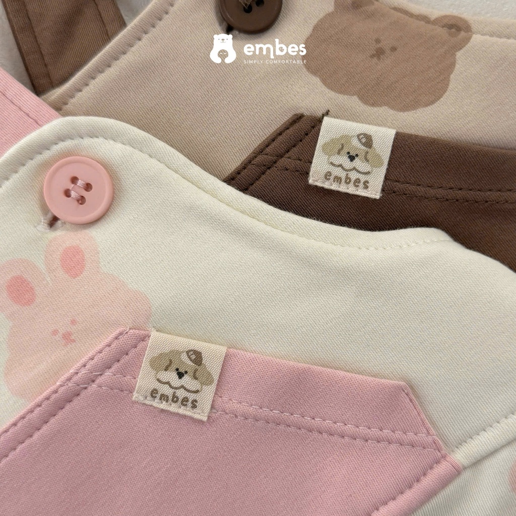 Yếm Quần Cho Bé Embes, Yếm Cộc Phối Túi Ngực In Hình Chất Cotton Cho Bé Trai Bé Gái Size Từ 8-17Kg