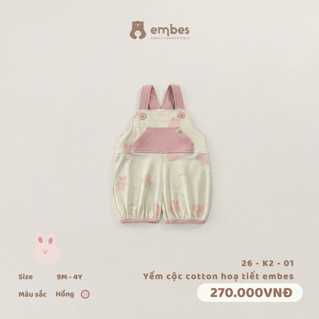 Yếm Quần Cho Bé Embes, Yếm Cộc Phối Túi Ngực In Hình Chất Cotton Cho Bé Trai Bé Gái Size Từ 8-17Kg