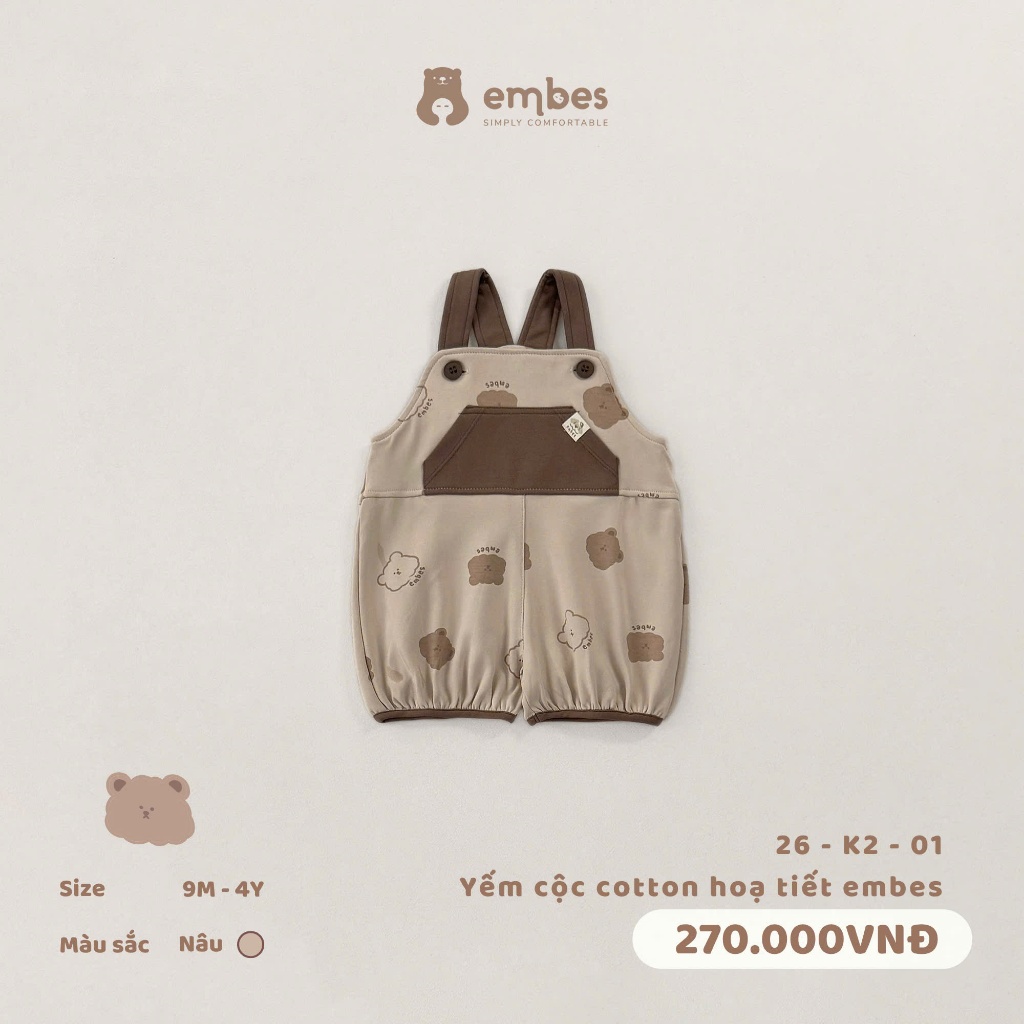 Yếm Quần Cho Bé Embes, Yếm Cộc Phối Túi Ngực In Hình Chất Cotton Cho Bé Trai Bé Gái Size Từ 8-17Kg