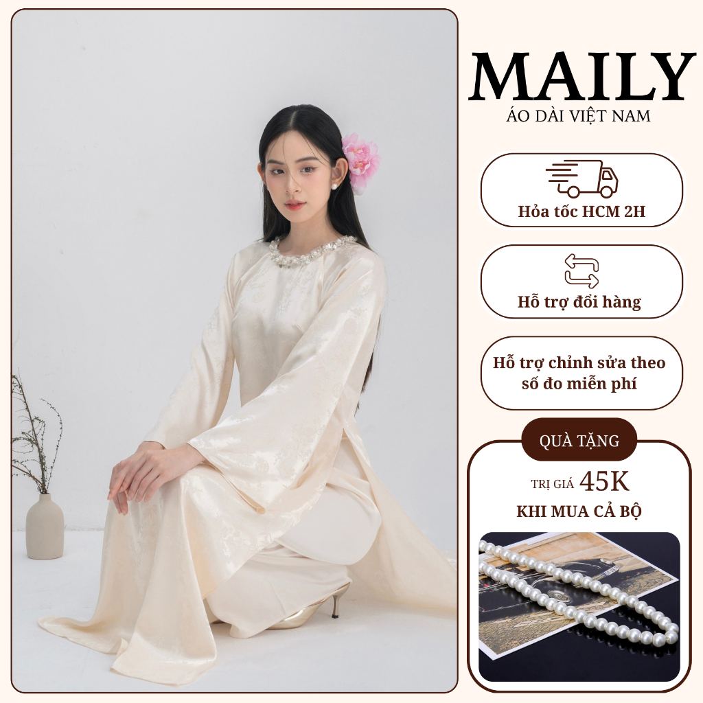 Áo Dài Gấm Dáng Cách Tân Cổ Tròn Đính Đá Tay Loe Trẻ Trung Phù Hợp Mặc Dạm Ngõ, Dự Tiệc - ÁO DÀI MAILY