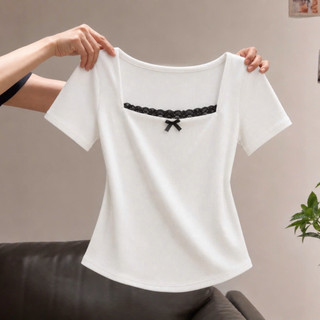 Áo Thun Bigsize Nữ Tay Ngắn Cổ Vuông Phối Ren Dễ Thương Vải Thun Gân Co Giãn G173