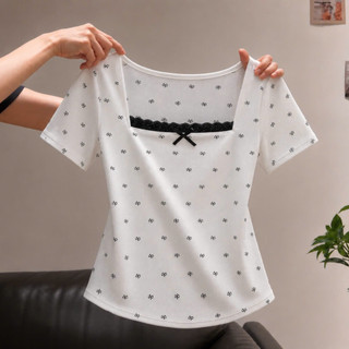 Áo Thun Bigsize Nữ Tay Ngắn Cổ Vuông Phối Ren Dễ Thương Vải Thun Gân Co Giãn G173