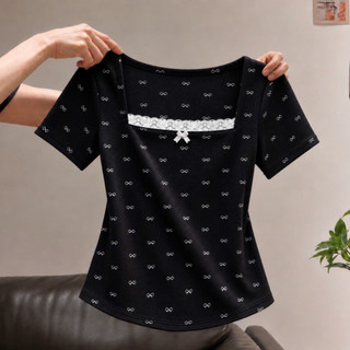 Áo Thun Bigsize Nữ Tay Ngắn Cổ Vuông Phối Ren Dễ Thương Vải Thun Gân Co Giãn G173