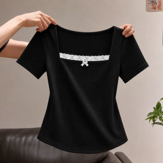Áo Thun Bigsize Nữ Tay Ngắn Cổ Vuông Phối Ren Dễ Thương Vải Thun Gân Co Giãn G173