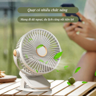 🔥 Quạt Tích Điện Kẹp Bàn Kẹp Xe Đẩy 5 Cấp Độ Gió Có Đèn LED Sạc USB Dùng Liên Tục Nhiều Giờ