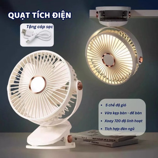 🔥 Quạt Tích Điện Kẹp Bàn Kẹp Xe Đẩy 5 Cấp Độ Gió Có Đèn LED Sạc USB Dùng Liên Tục Nhiều Giờ
