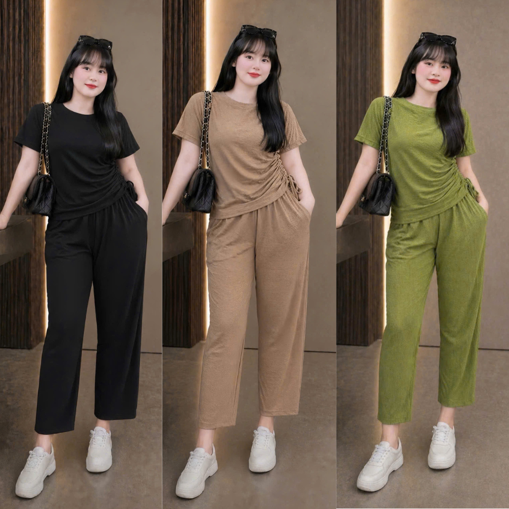 Bộ đồ bigsize nữ áo croptop tay ngắn nữ kèm quần dài vải gân tăm co giãn thời trang big size SET62