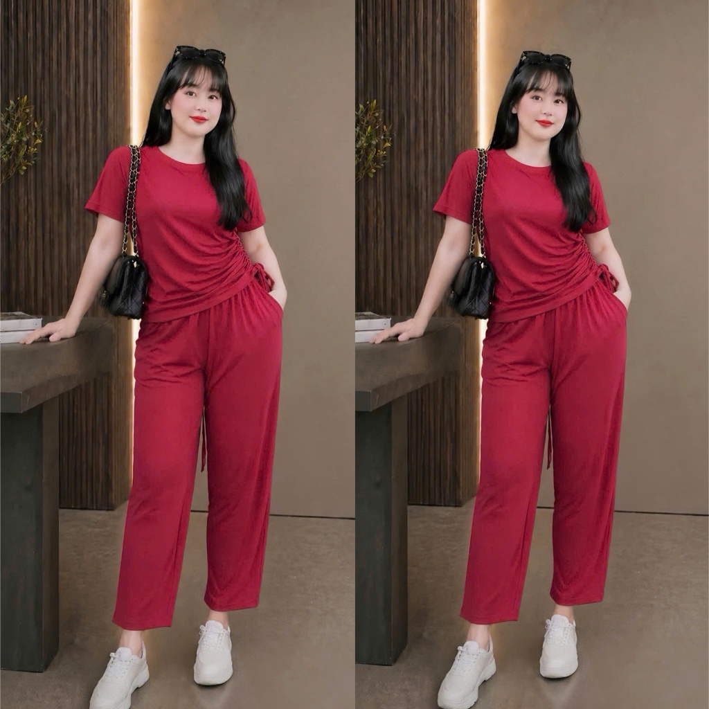 Bộ đồ bigsize nữ áo croptop tay ngắn nữ kèm quần dài vải gân tăm co giãn thời trang big size SET62