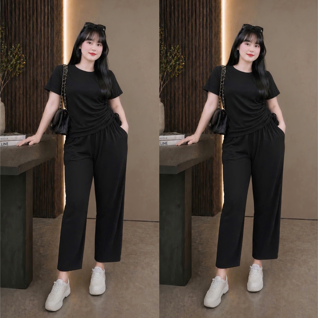 Bộ đồ bigsize nữ áo croptop tay ngắn nữ kèm quần dài vải gân tăm co giãn thời trang big size SET62