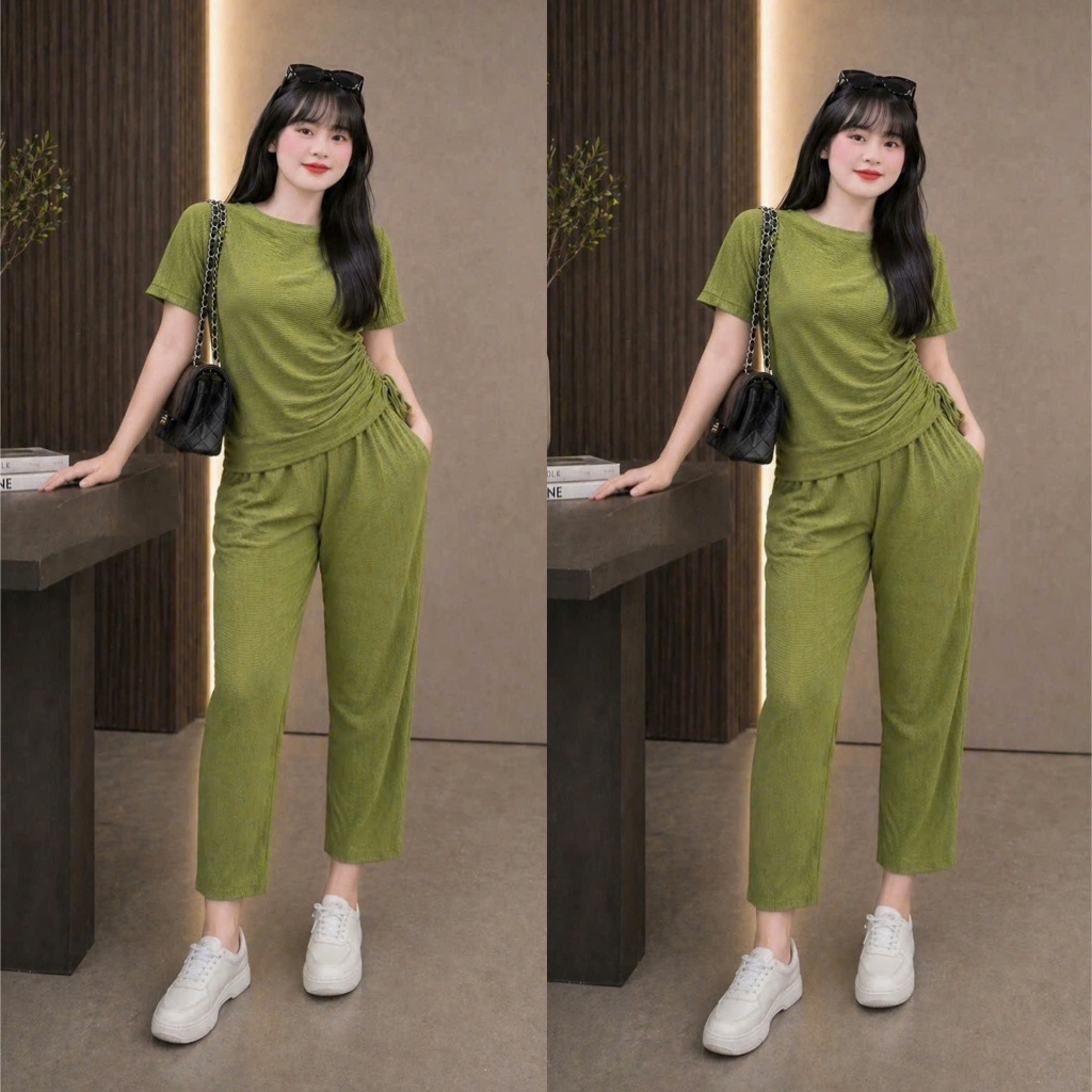 Bộ đồ bigsize nữ áo croptop tay ngắn nữ kèm quần dài vải gân tăm co giãn thời trang big size SET62