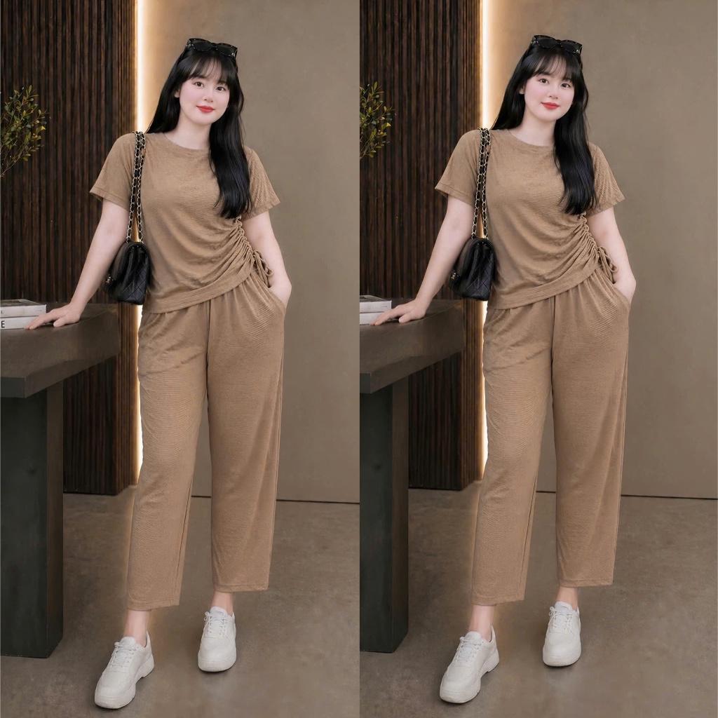 Bộ đồ bigsize nữ áo croptop tay ngắn nữ kèm quần dài vải gân tăm co giãn thời trang big size SET62