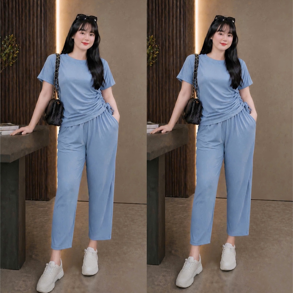 Bộ đồ bigsize nữ áo croptop tay ngắn nữ kèm quần dài vải gân tăm co giãn thời trang big size SET62