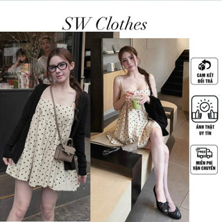 Set 2 món váy hai dây chấm bi xếp li cute + khoác đen dài ( v1 < 89 , dưới m57 , Freesize < 53kg )