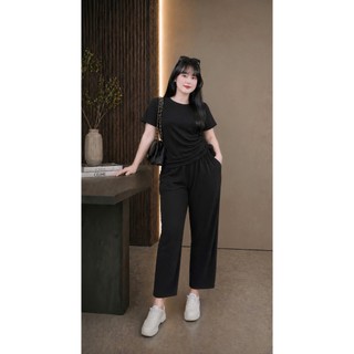 Bộ đồ thời trang NHỎ CLOTHING  bigsize nữ áo croptop tay ngắn nữ kèm quần dài vải gân tăm co giãn thời trang SET62