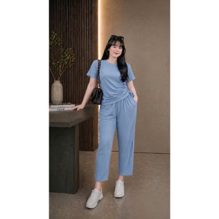 Bộ đồ thời trang NHỎ CLOTHING  bigsize nữ áo croptop tay ngắn nữ kèm quần dài vải gân tăm co giãn thời trang SET62