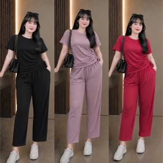 Bộ đồ thời trang NHỎ CLOTHING  bigsize nữ áo croptop tay ngắn nữ kèm quần dài vải gân tăm co giãn thời trang SET62