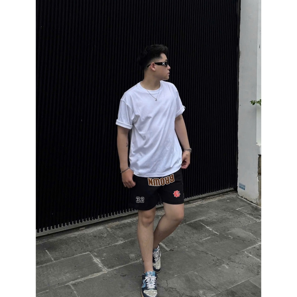 Quần Short Thun Nỉ Streetwear Họa Tiết BRO In Ngược Form Dáng Trên Gối Màu Xanh Than Chuẩn Chất Cotton