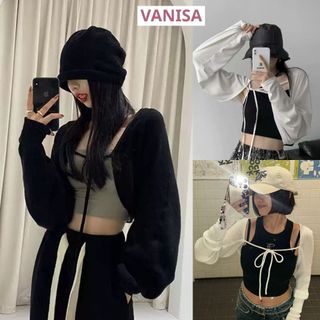 Áo khoác nữ cardigan thun gân dài tay dáng ngắn cột dây đen trắng VANISA CT079