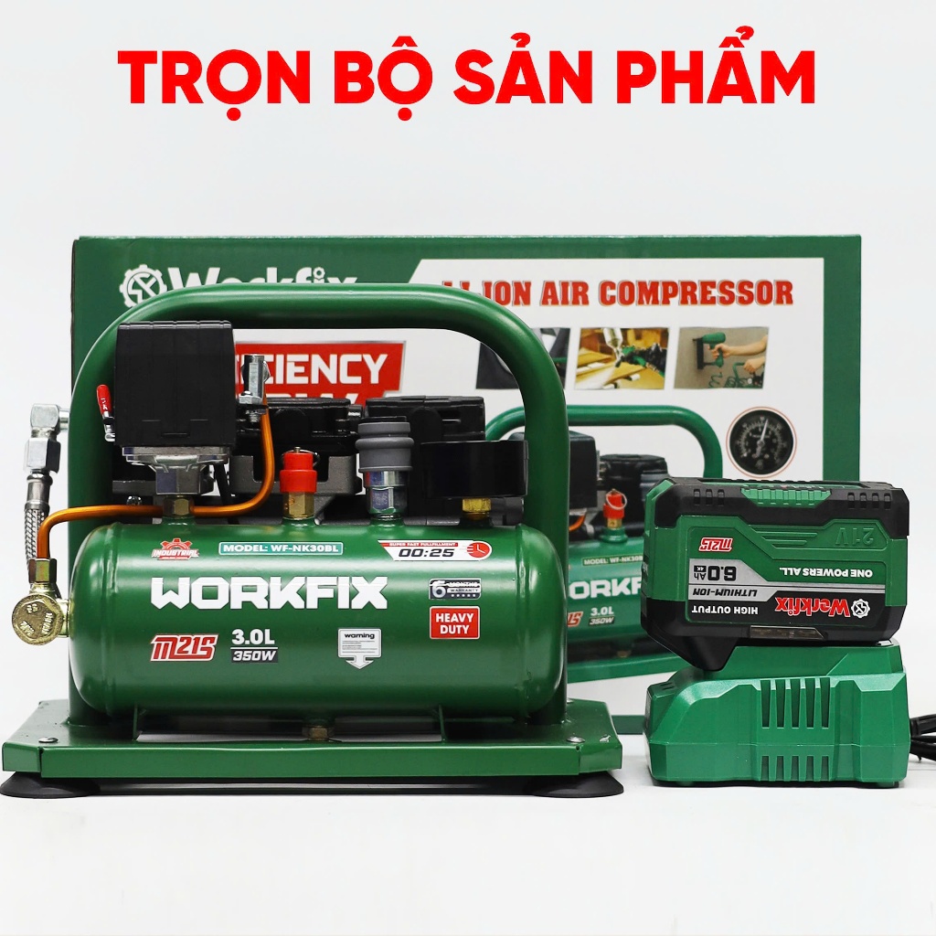 Máy Nén Khí Pin Workfix WF-NK30BL 21V 350W Không Chổi Than Bình 3L Áp Lực 8Bar Bơm Hơi Nhanh Mini Cầm Tay
