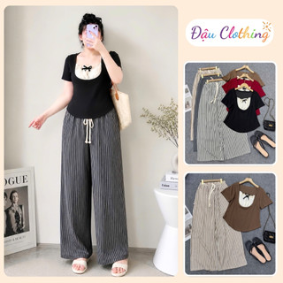 Đồ Bộ Bigsize Nữ Áo Thun Kiểu Tay Ngắn Kèm Quần Suông Dài Kẻ Sọc Cho Chubby SET971