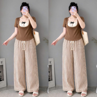 Đồ Bộ Bigsize Nữ Áo Thun Kiểu Tay Ngắn Kèm Quần Suông Dài Kẻ Sọc Cho Chubby SET971