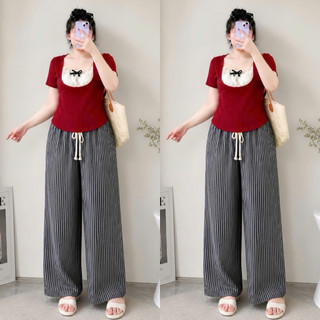 Đồ Bộ Bigsize Nữ Áo Thun Kiểu Tay Ngắn Kèm Quần Suông Dài Kẻ Sọc Cho Chubby SET971
