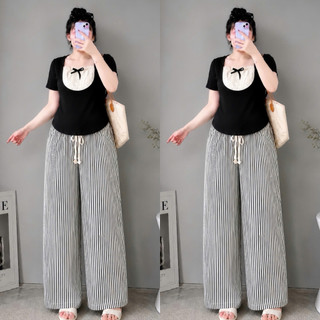 Đồ Bộ Bigsize Nữ Áo Thun Kiểu Tay Ngắn Kèm Quần Suông Dài Kẻ Sọc Cho Chubby SET971
