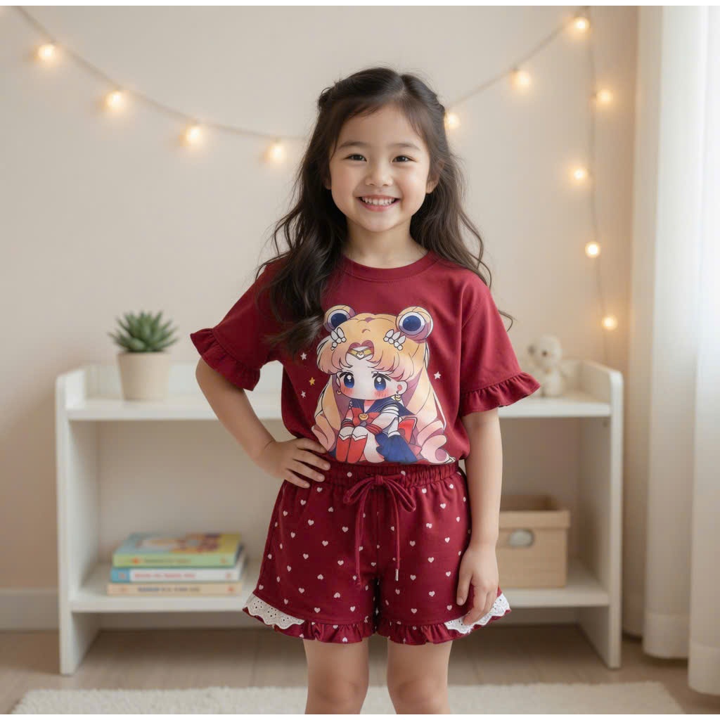 Sét Cộc Tay Họa Tiết Thủy Thủ Mặt Trăng Phối Bèo Dành Cho Bé 9-37kg