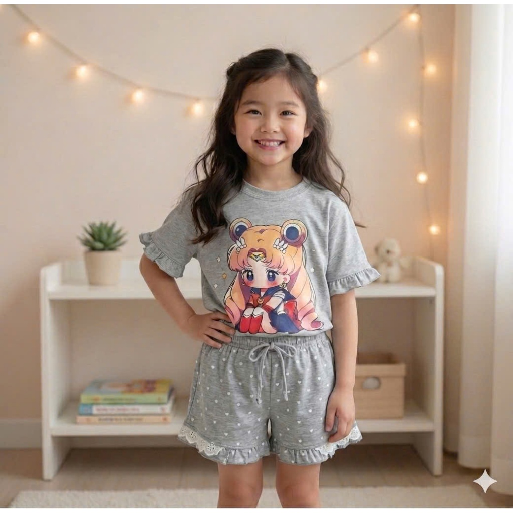 Sét Cộc Tay Họa Tiết Thủy Thủ Mặt Trăng Phối Bèo Dành Cho Bé 9-37kg